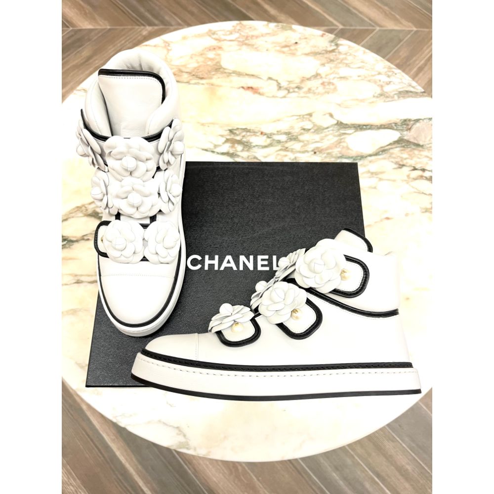 Chanel white leather camellia sneakers