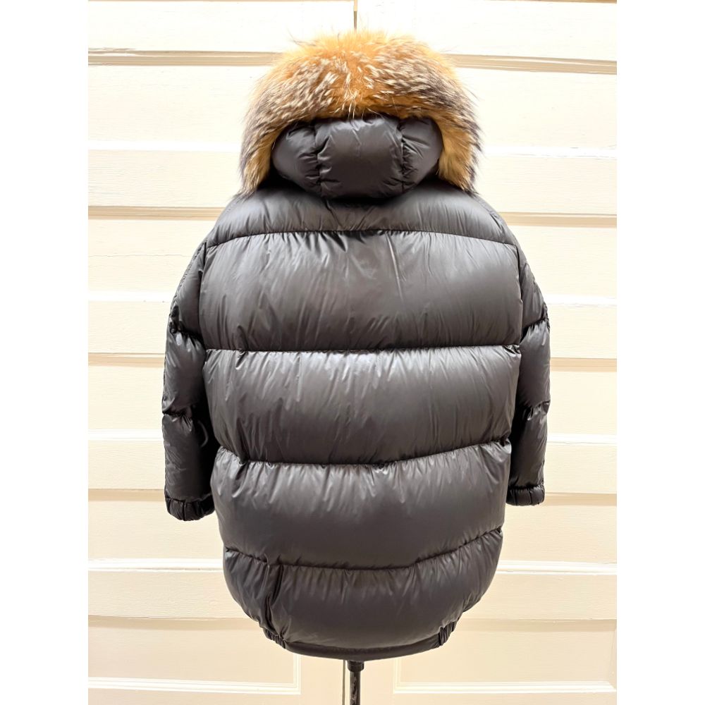 Prada black puffer coat with fox collar