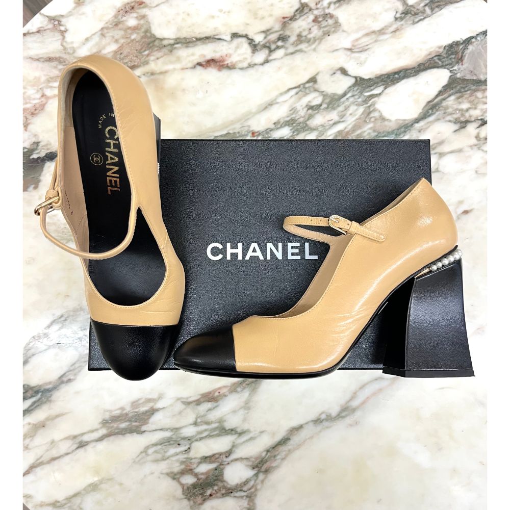 Chanel beige and black pearl shoes - The Cat's Meow