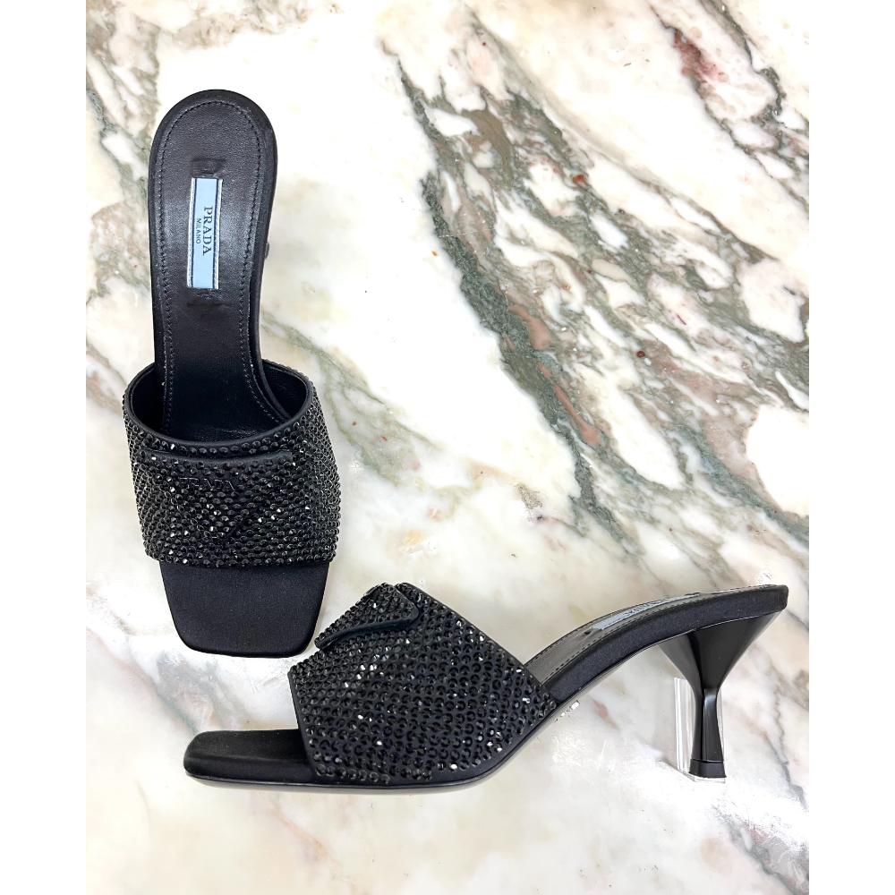 Prada black crystal mules