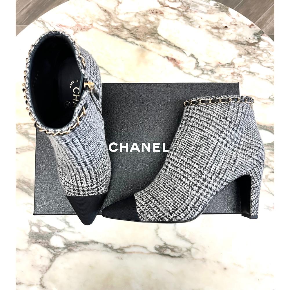 Chanel tartan wool heeled booties