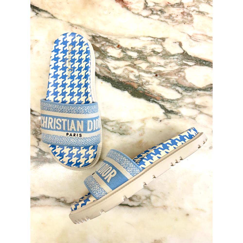 Dior Dway slides in blue & white houndstooth