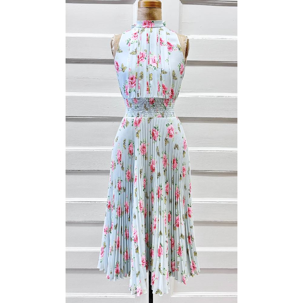 Prada light blue floral print pleated midi dress