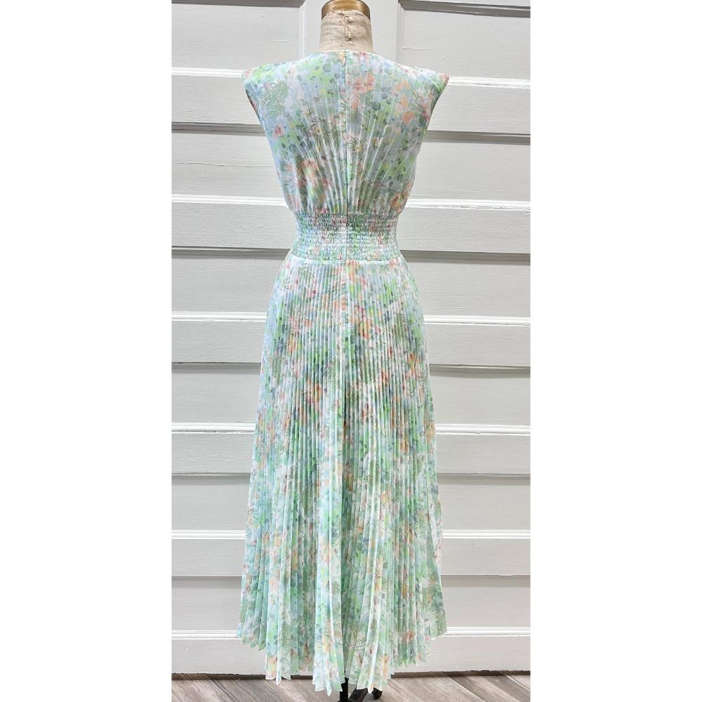 Prada green floral print Crepe De Chine pleated maxi dress
