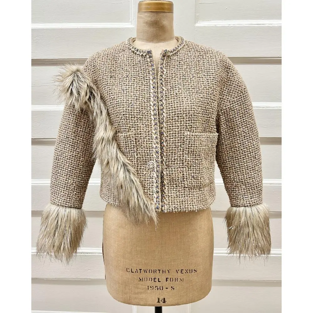 Chanel 2021 taupe tweed & faux fur jacket