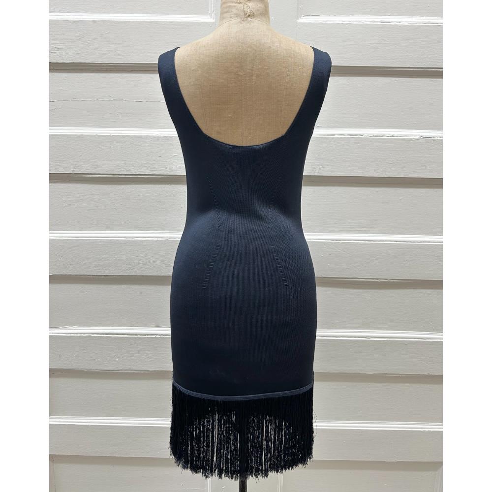 Prada navy knit dress with fringe skirt trim