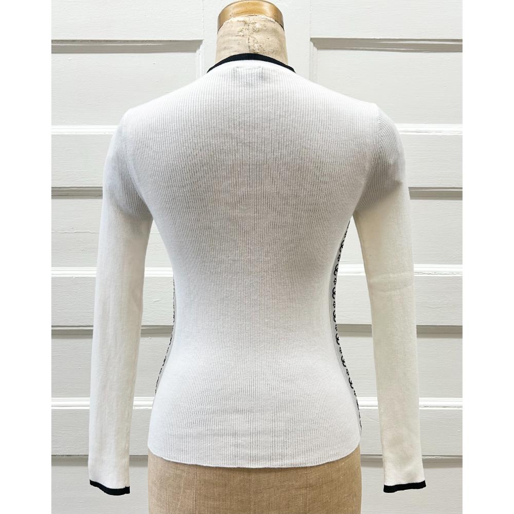Chanel Neige cream cashmere sweater with black logo trim