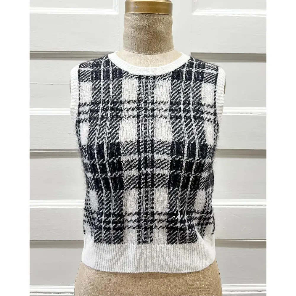 Dior black & cream mohair blend plaid sleeveless sweater