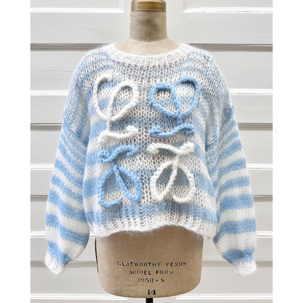 Loewe baby blue & white striped mohair blend anagram sweater