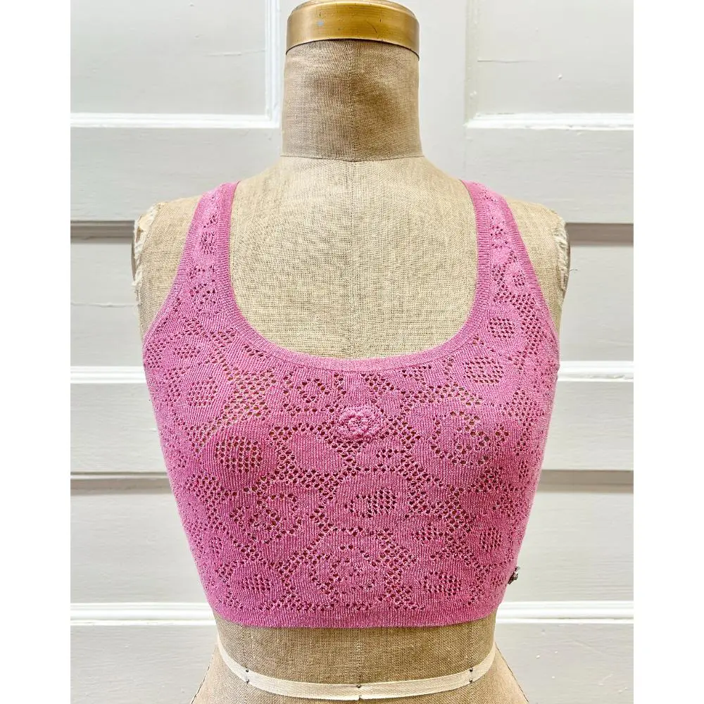Chanel 2022 pink sparkle camellia knit crop top