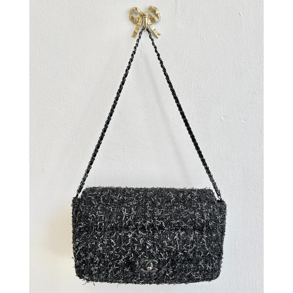 Chanel 2018 black, silver & sequin tweed flap bag