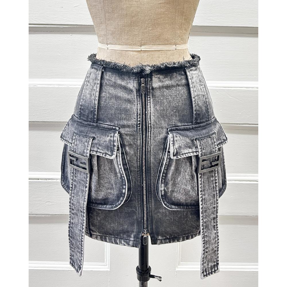 Fendi grey acid wash denim mini skirt