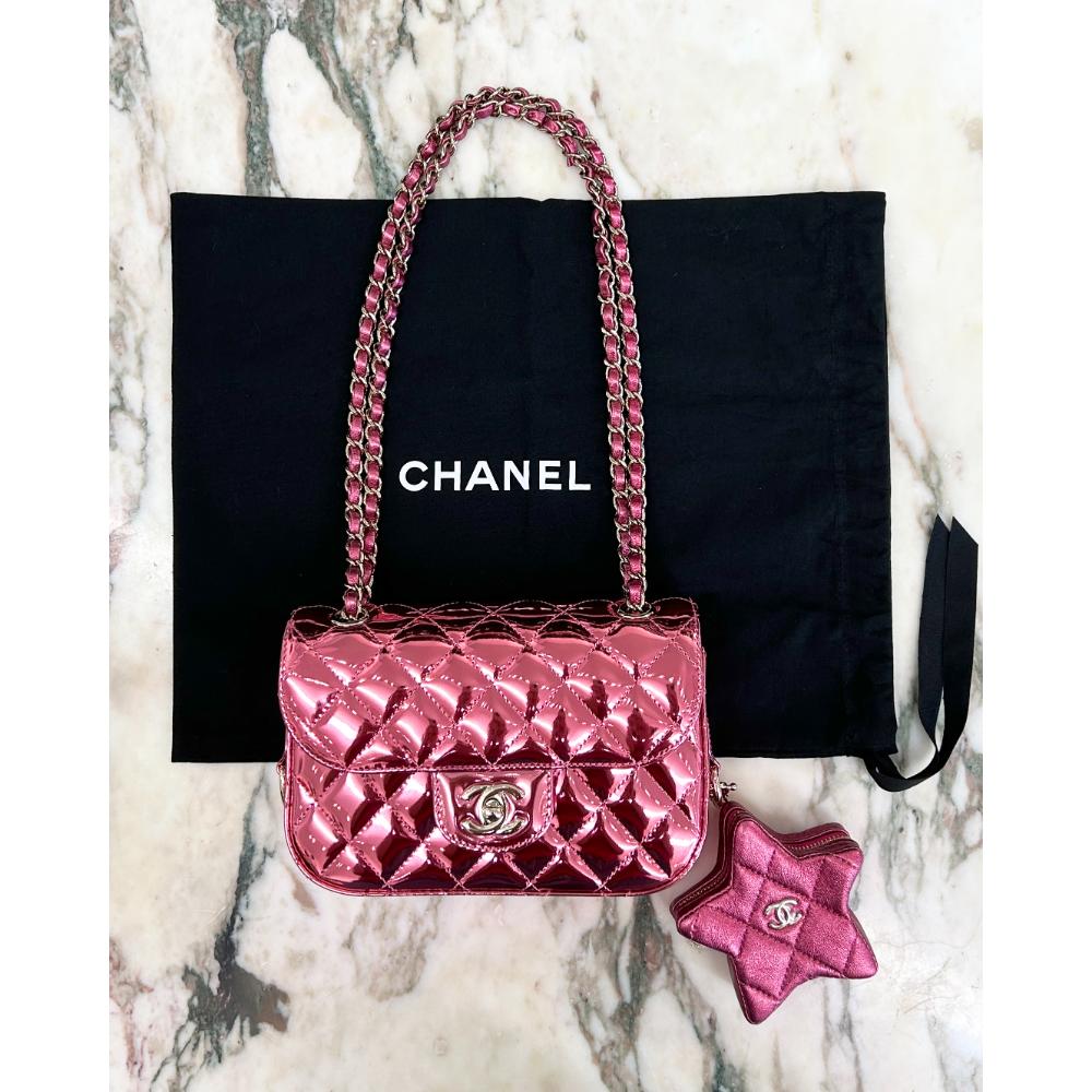 Chanel 2024 mini flap bag & star coin purse in mirror pink
