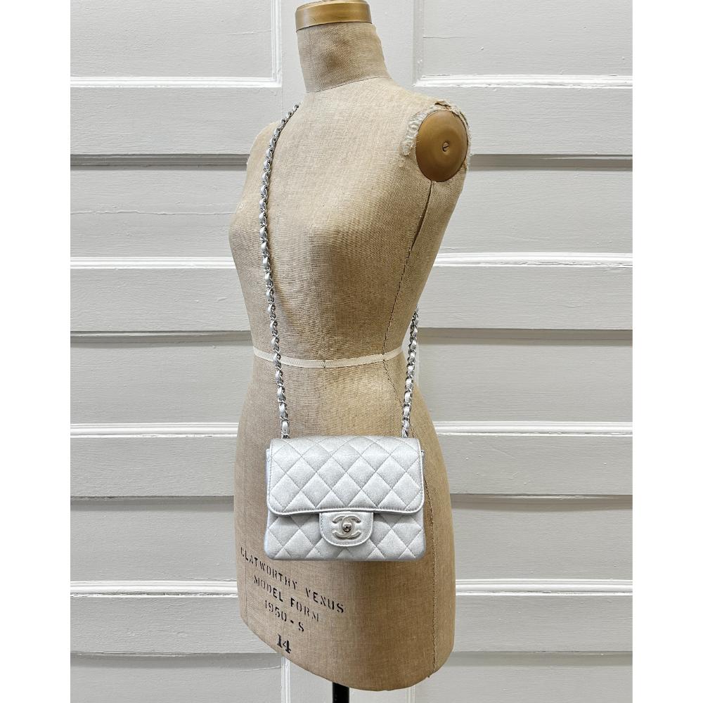 Chanel 2021 Mini square Classic Flap bag in silver lambskin