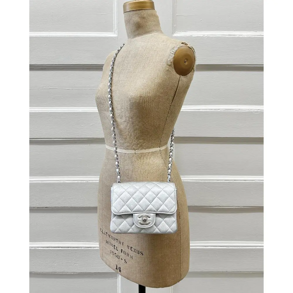 Chanel 2021 Mini square Classic Flap bag in silver lambskin