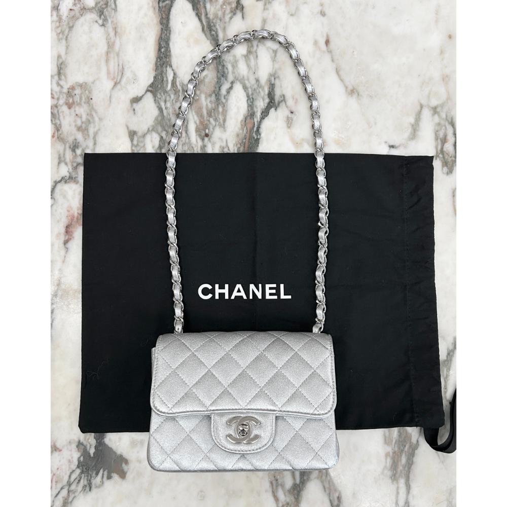 Chanel 2021 Mini square Classic Flap bag in silver lambskin