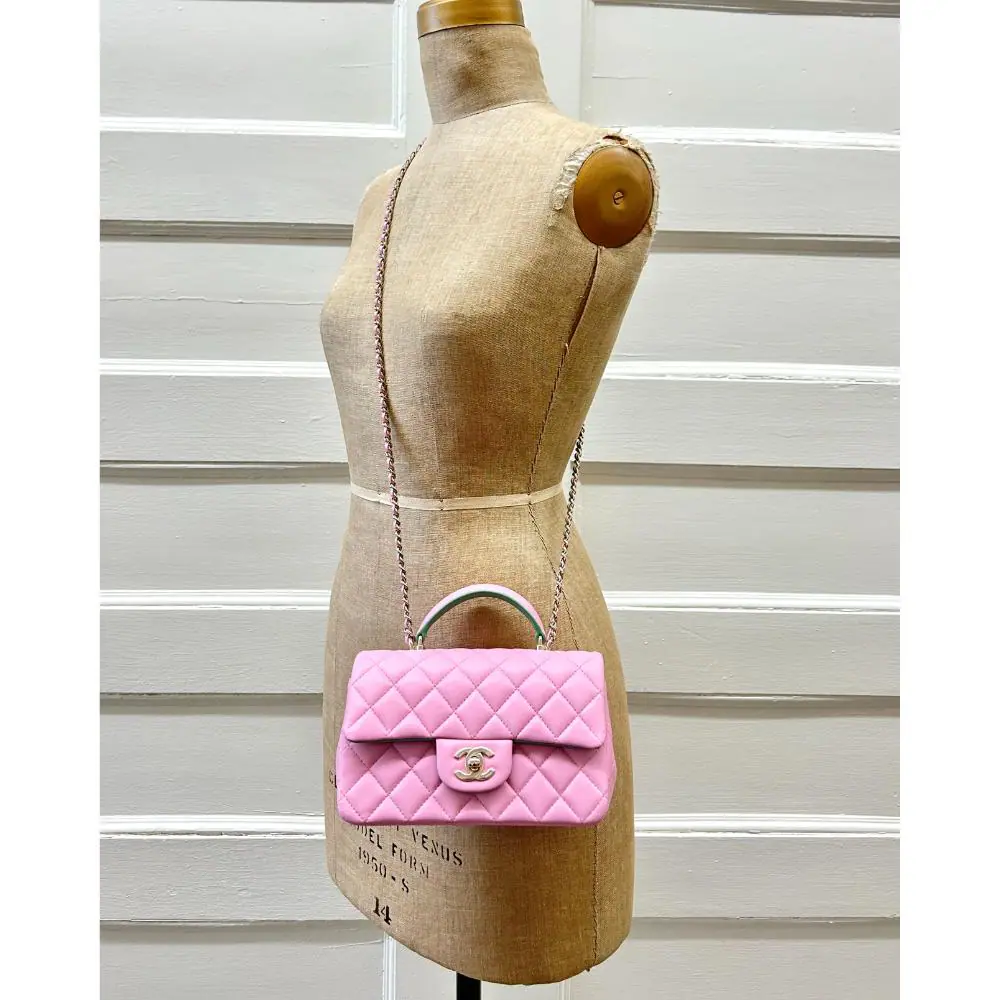 Chanel Mini Top Handle Flap bag in pastel pink & green lambskin
