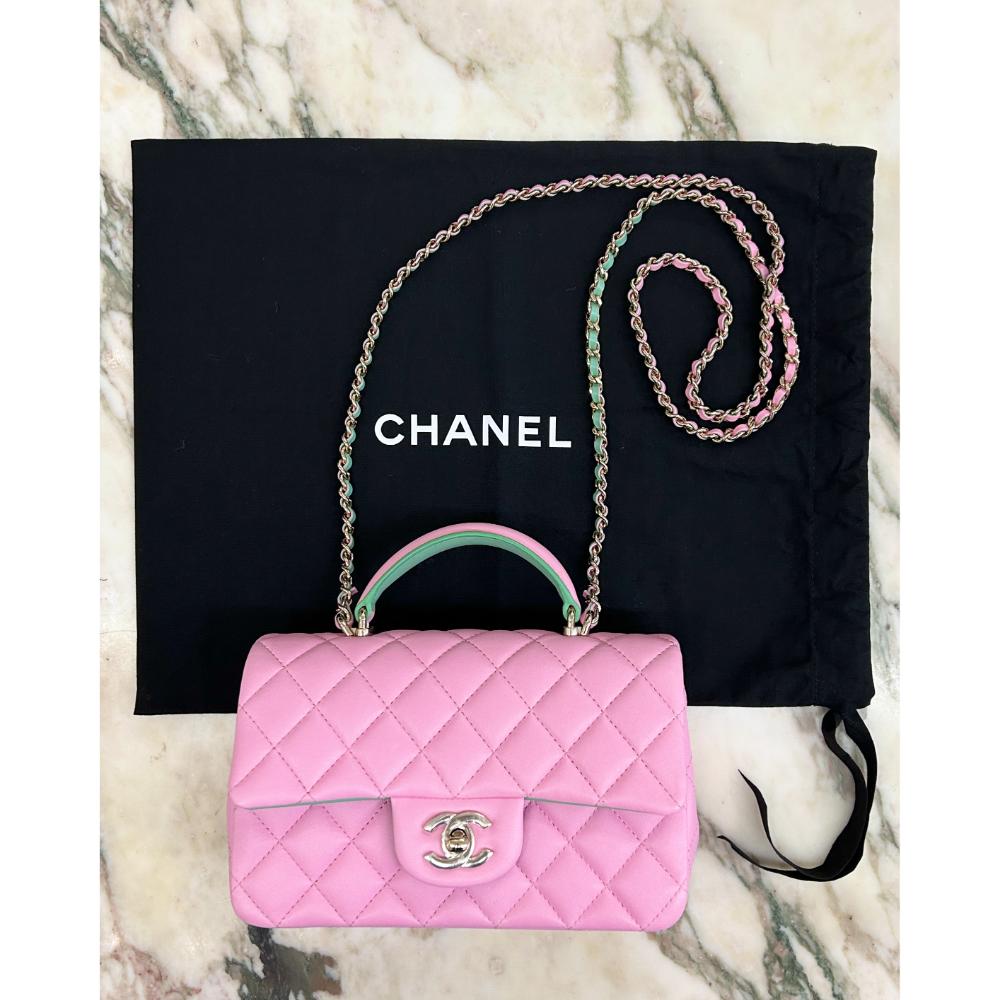 Chanel Mini Top Handle Flap bag in pastel pink & green lambskin