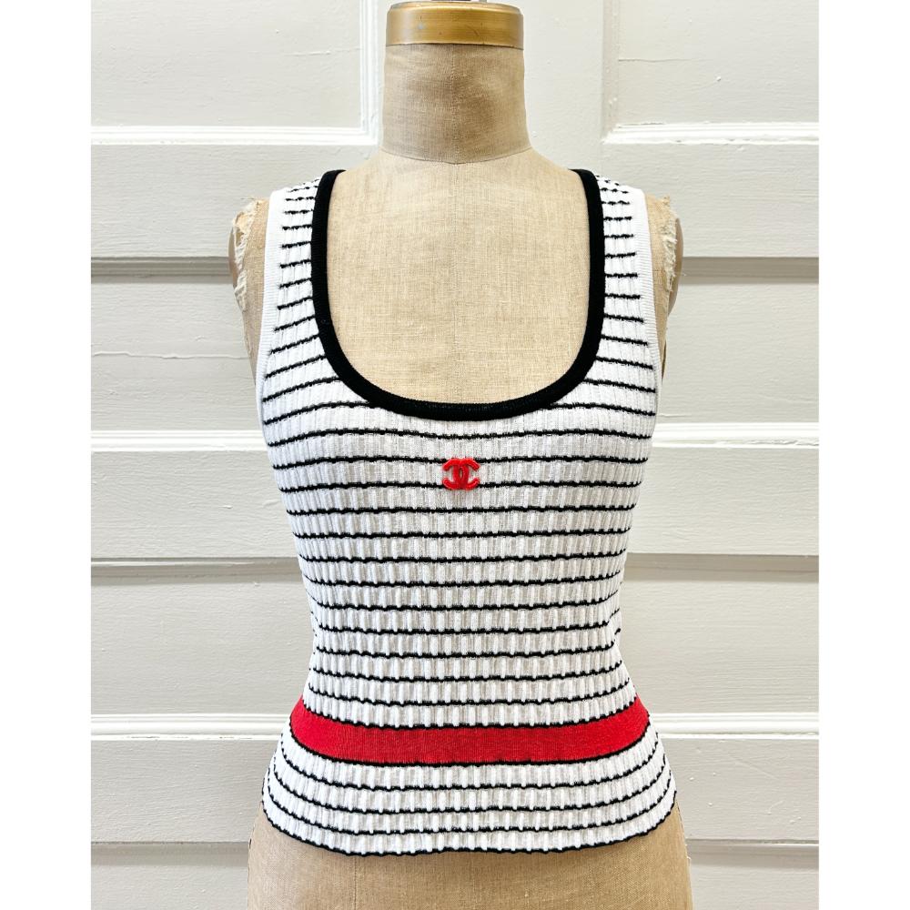 Chanel 2024 striped cotton knit tank top in white, black and red