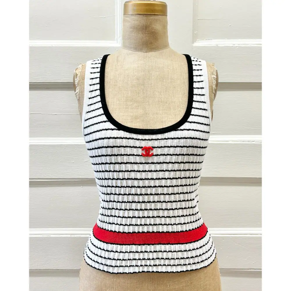 Chanel 2024 striped cotton knit tank top in white, black and red