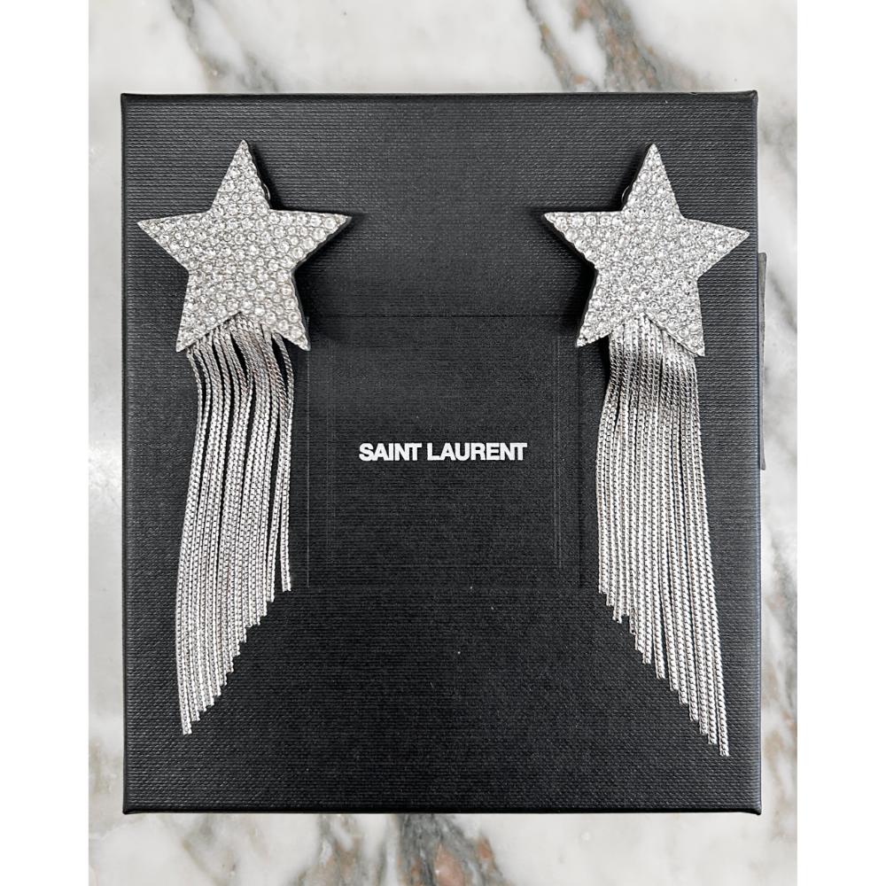YSL crystal star tassel clip on earrings
