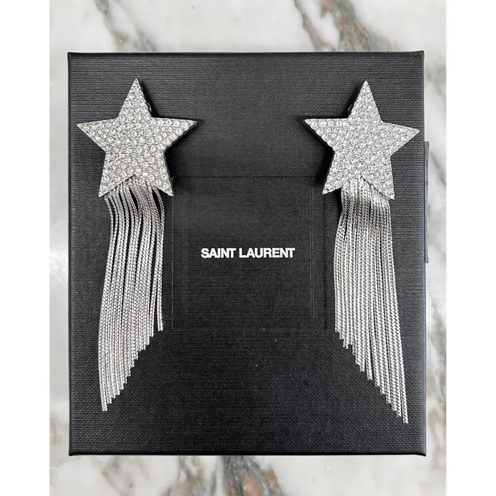 YSL crystal star tassel clip on earrings