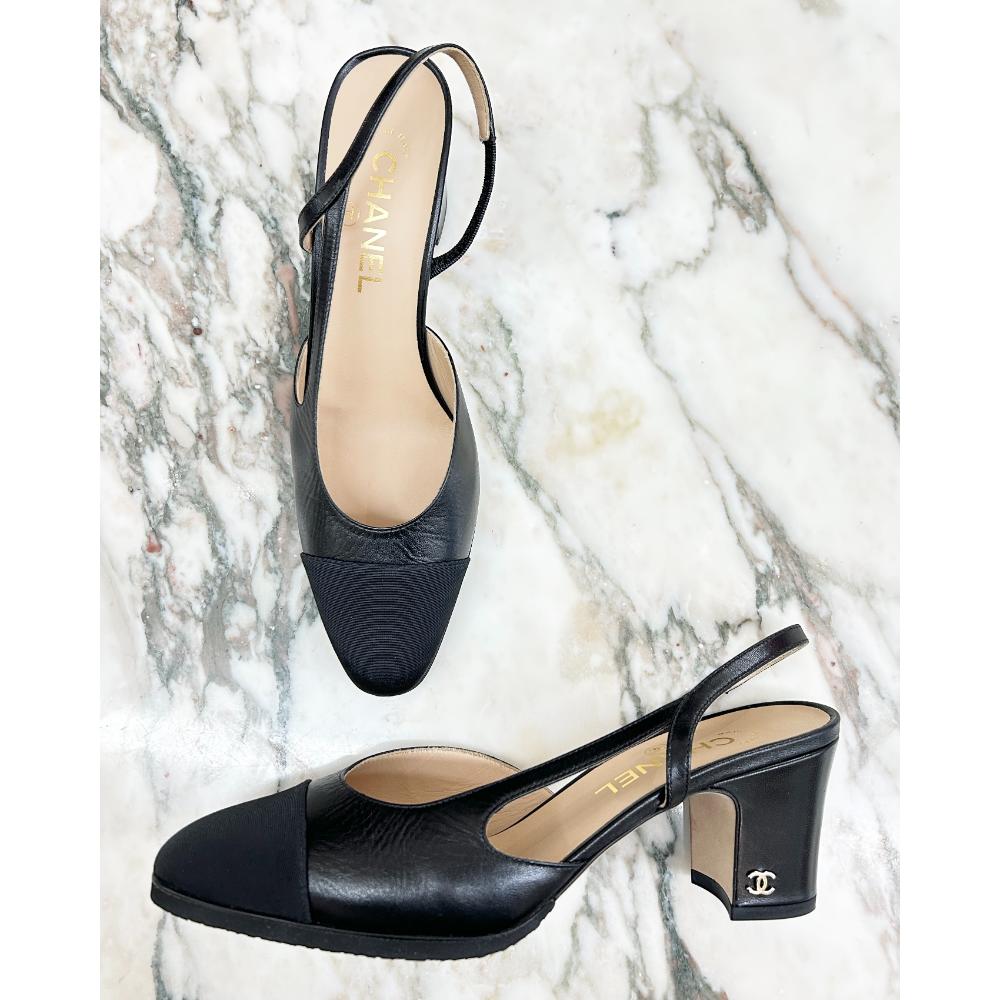 Chanel leather and grosgrain sling back heels ~ sz 38.5