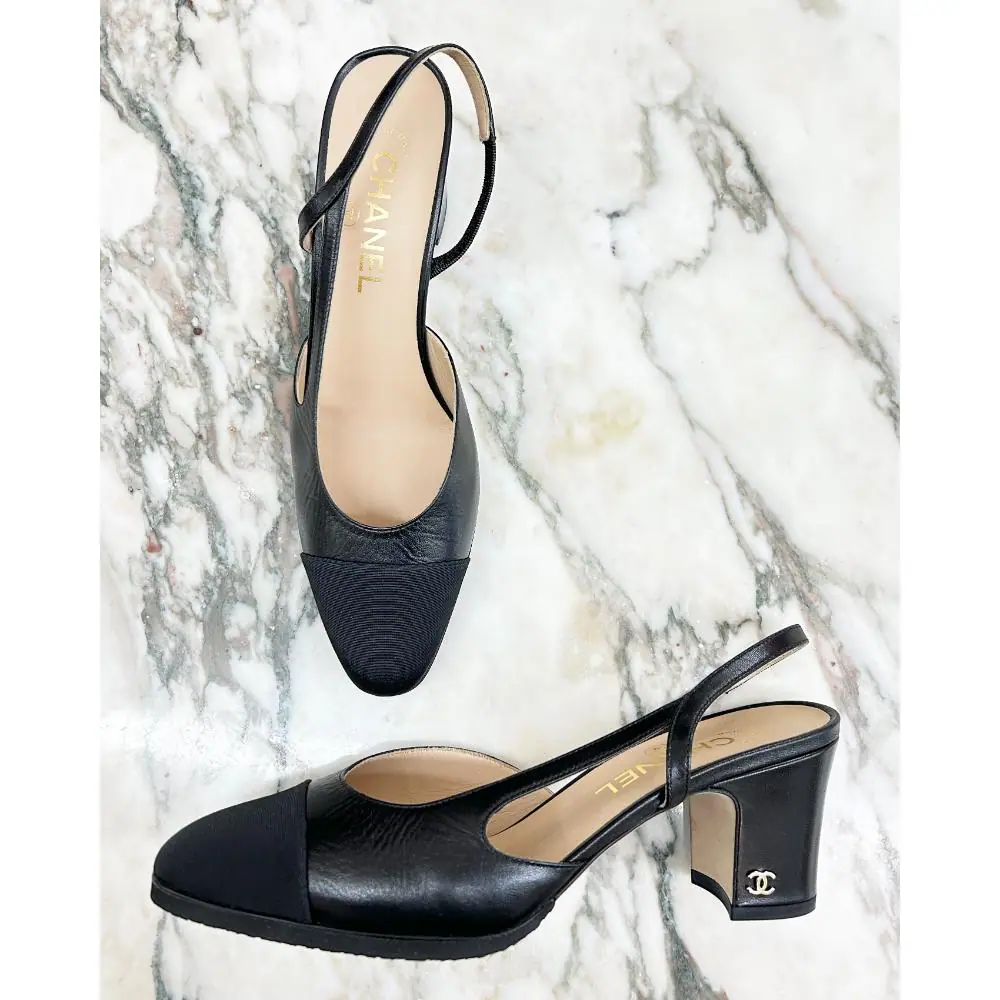 Chanel leather and grosgrain sling back heels ~ sz 38.5