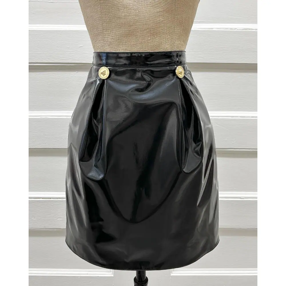 Versace black pleather skirt w/ medusa buttons