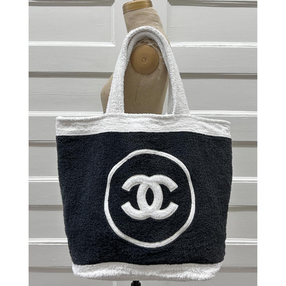 Chanel black & white terry cloth beach bag w/ pouch