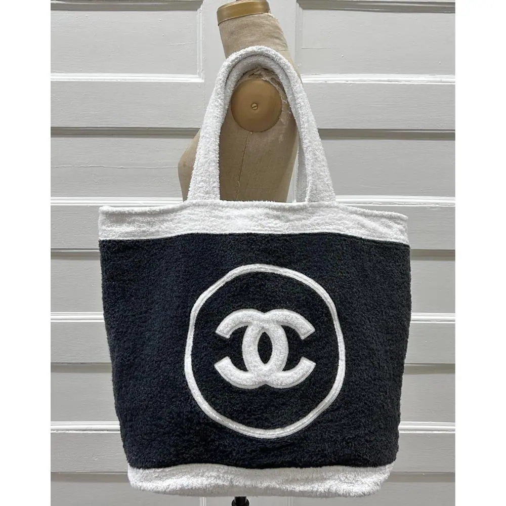 Chanel black & white terry cloth beach bag w/ pouch
