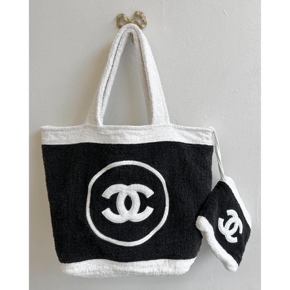 Chanel black & white terry cloth beach bag w/ pouch