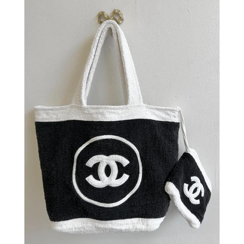 Chanel black & white terry cloth beach bag w/ pouch