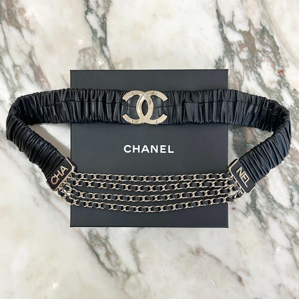 Chanel 2021 black lambskin stretch belt with chains