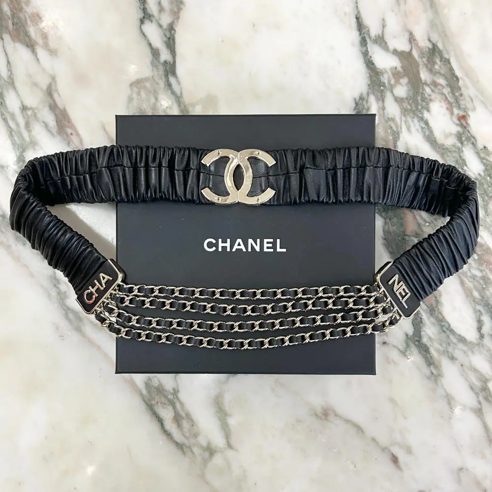 Chanel 2021 black lambskin stretch belt with chains