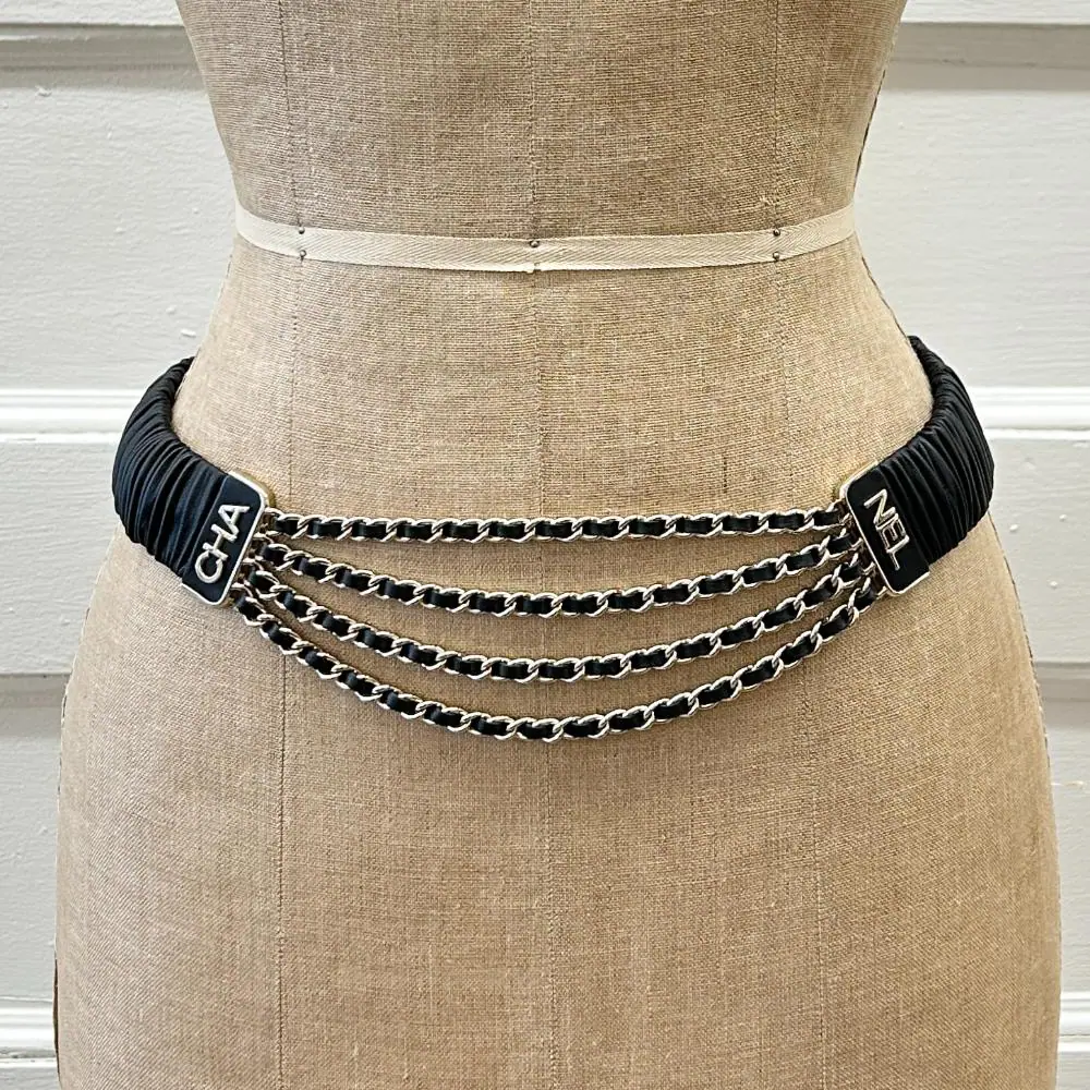 Chanel 2021 black lambskin stretch belt with chains