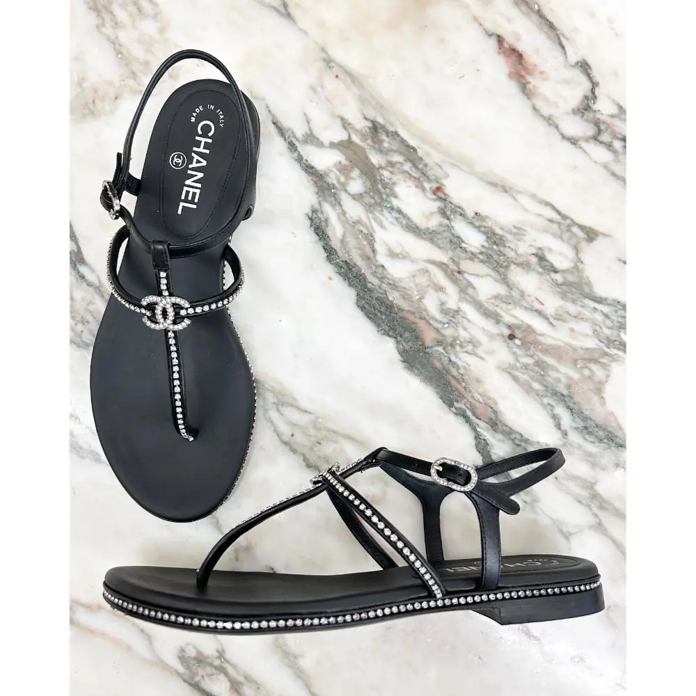 Chanel black leather thong sandals w/ crystal trim ~ sz 37.5