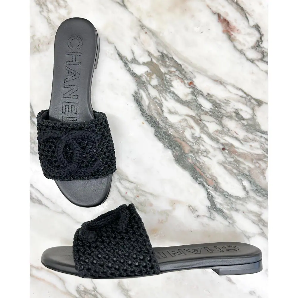Chanel black crochet logo slide sandals ~ sz 37.5