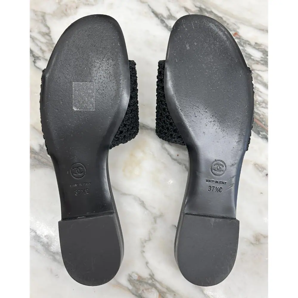 Chanel black crochet logo slide sandals ~ sz 37.5