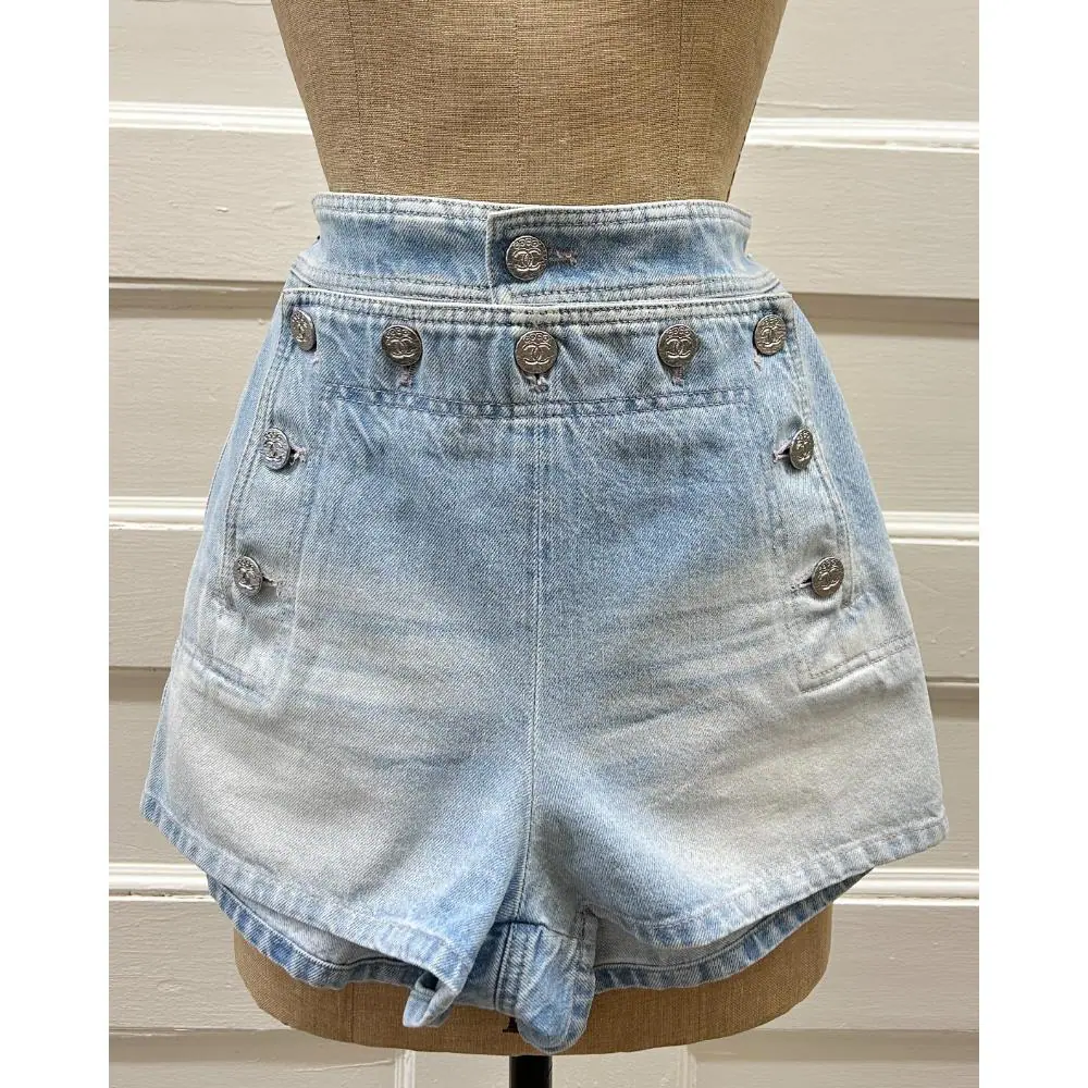 Chanel 2024 Coco Beach light denim sailor front shorts