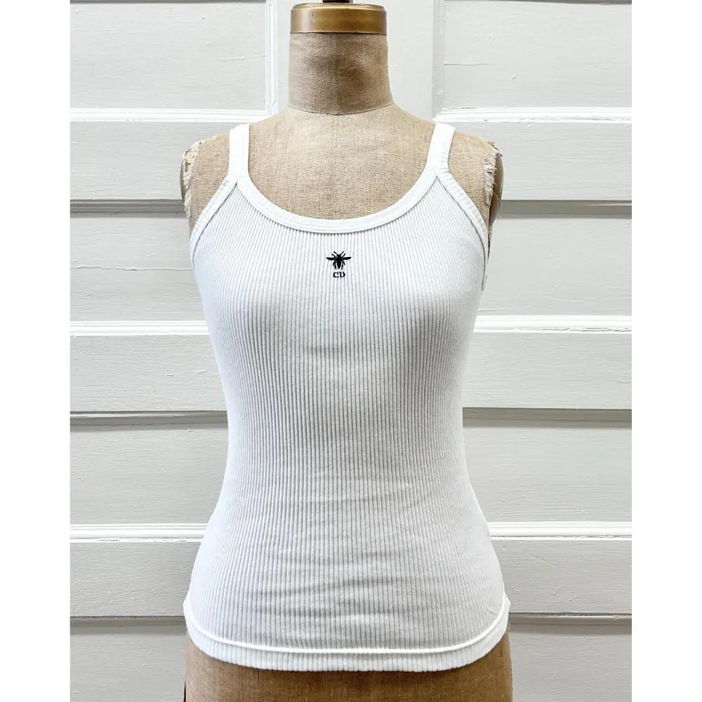 Dior white ribbed tank top w/ embroidered logos