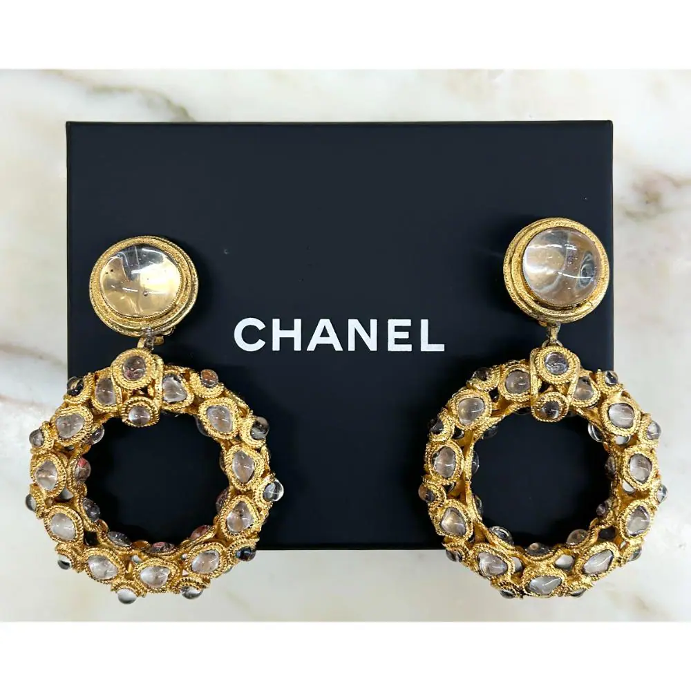 Chanel 1970's gold and gripoix glass clip on drop earrings