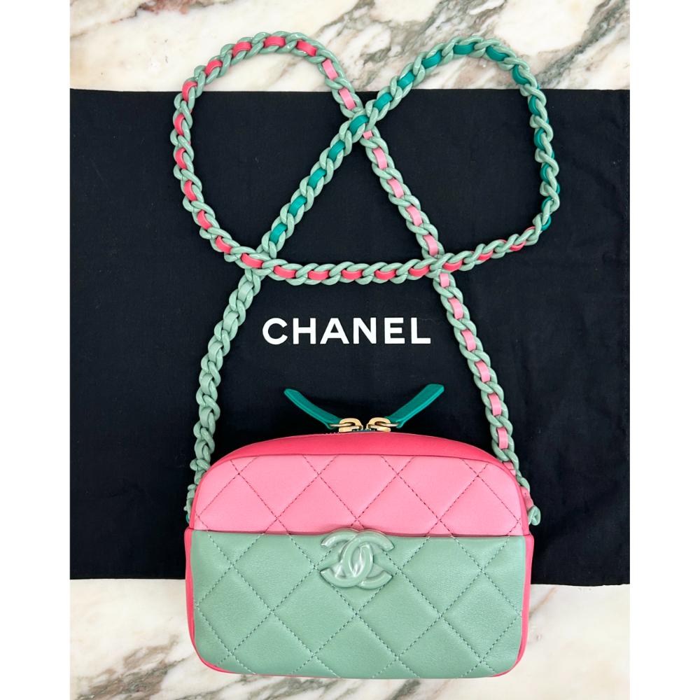 Chanel 2023 camera bag in watermelon colour block lambskin