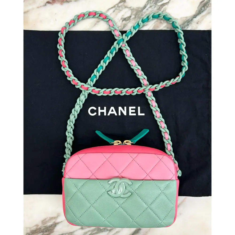 Chanel 2023 camera bag in watermelon colour block lambskin
