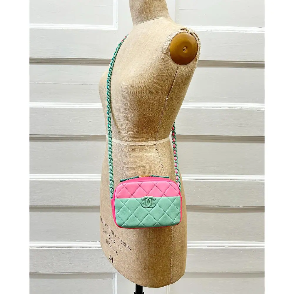 Chanel 2023 camera bag in watermelon colour block lambskin