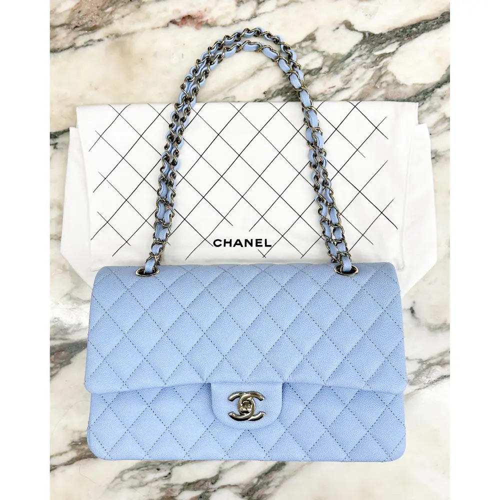 Chanel medium classic bag in light blue caviar leather