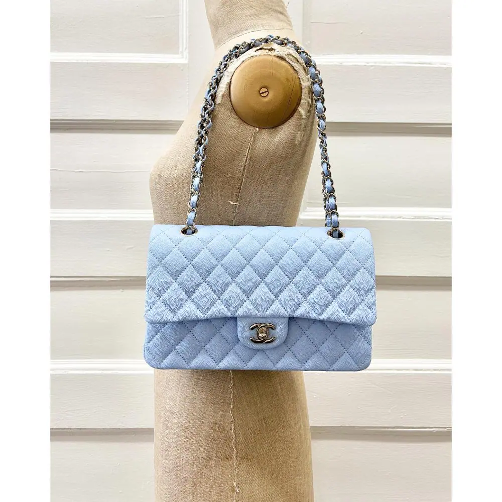 Chanel medium classic bag in light blue caviar leather