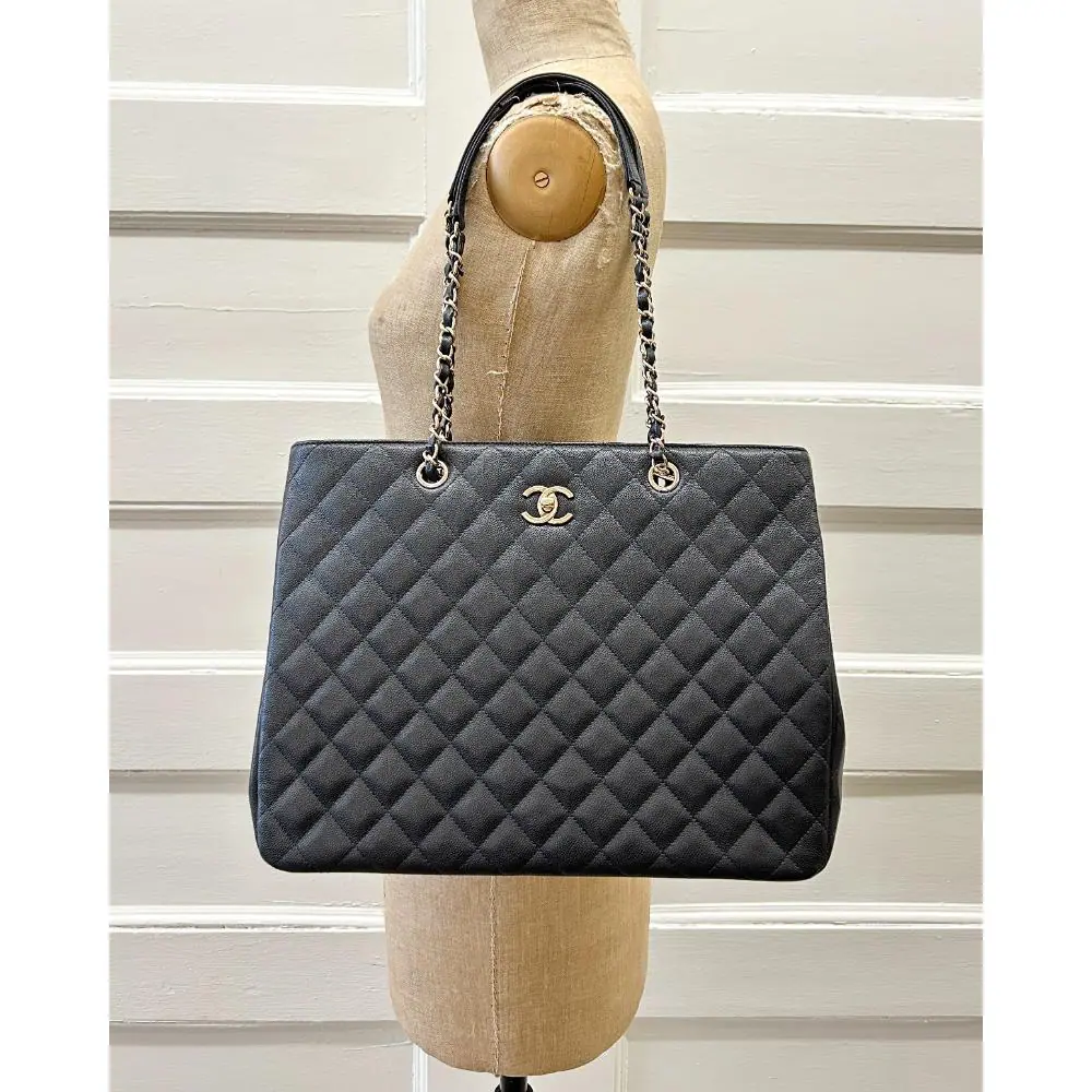 Chanel black caviar leather classic shopping tote