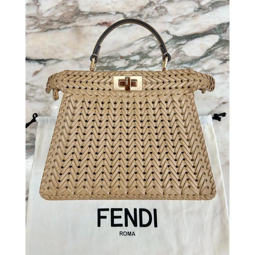 Fendi 2023 Peekaboo IseeU small bag in woven camel tone leather