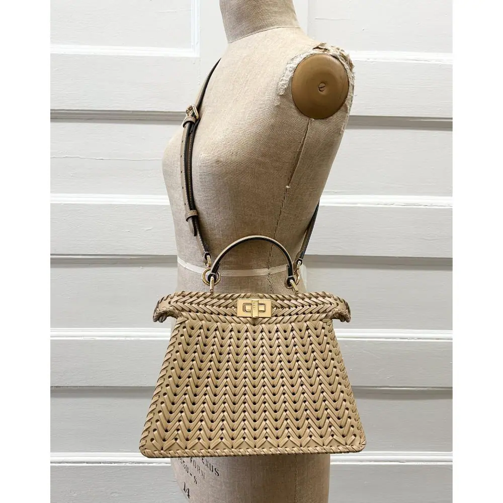 Fendi 2023 Peekaboo IseeU small bag in woven camel tone leather